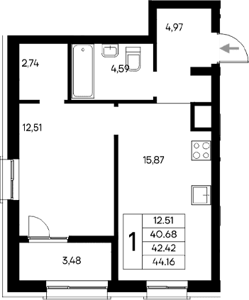 1-комн., 40.68 м²