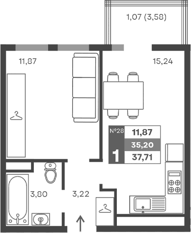 1-комн., 34.13 м²