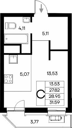 Студия, 27.82 м²