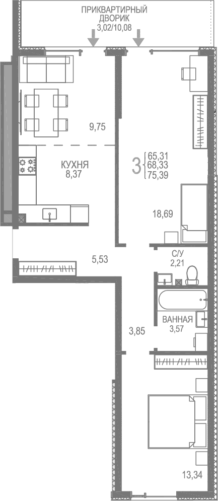 2-комн., 72.37 м²