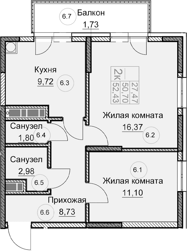 2-комн., 50.7 м²