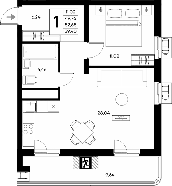 1-комн., 49.76 м²