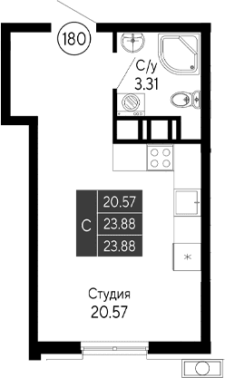 Студия, 23.88 м²