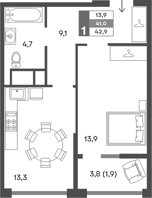 1-комн., 41 м²