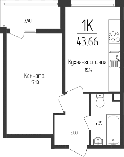 1-комн., 41.71 м²