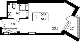 Студия, 29.7 м²