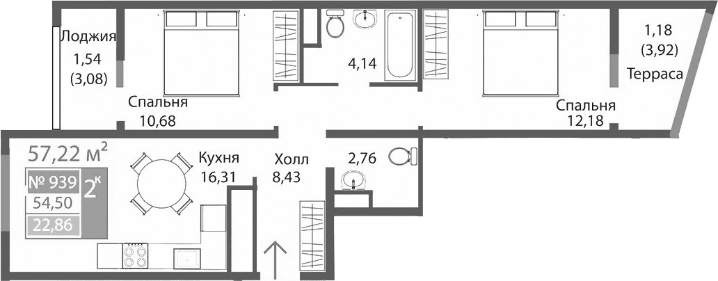 2-комн., 54.5 м²