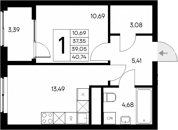 1-комн., 37.35 м²