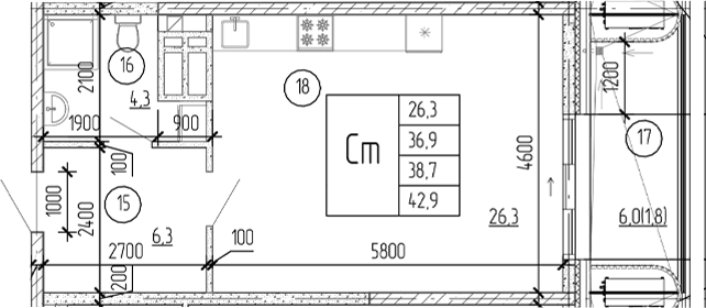 Студия, 41.1 м²