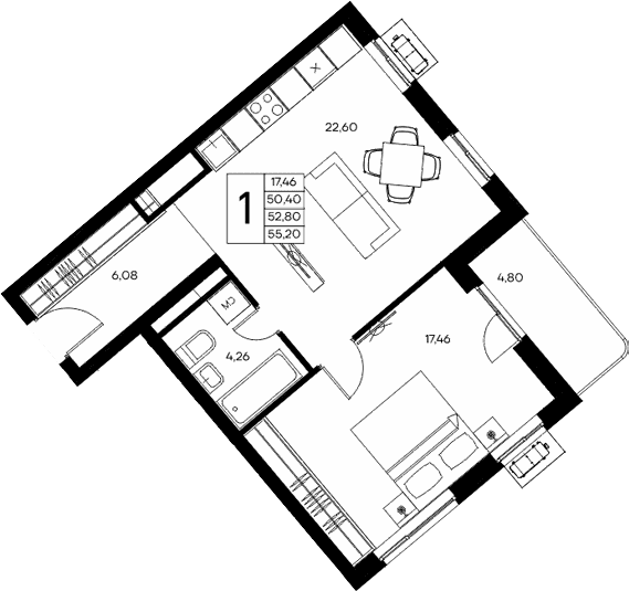 1-комн., 50.4 м²