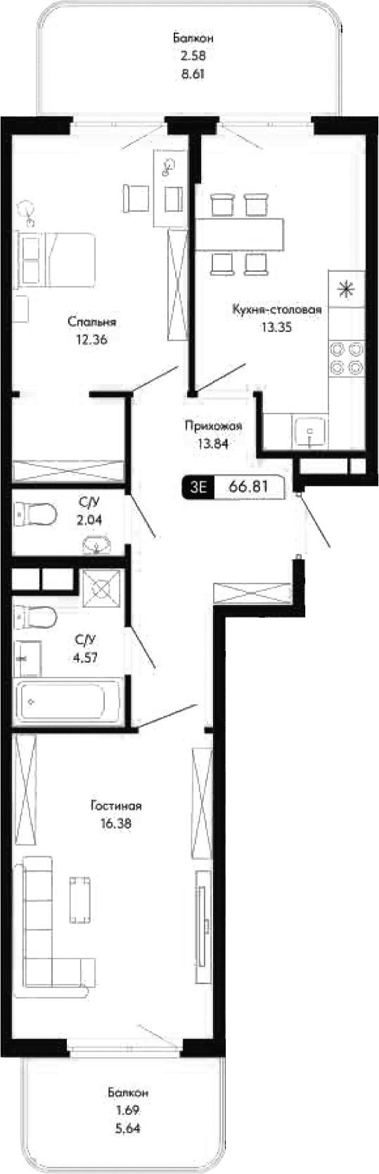 3-комн., 62.54 м²