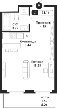 Студия, 29.64 м²