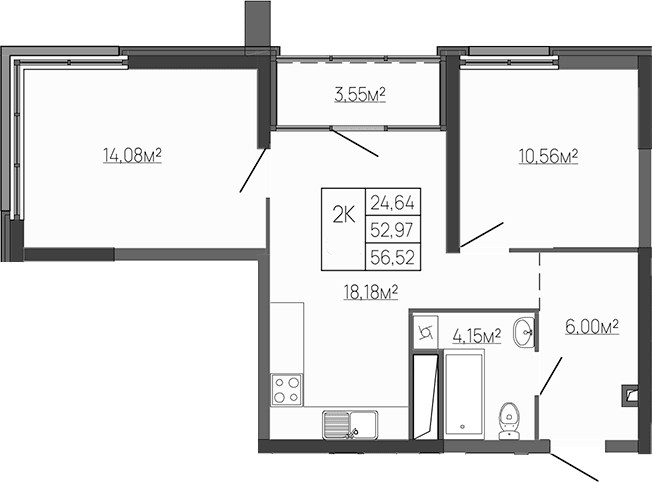2-комн., 55.43 м²