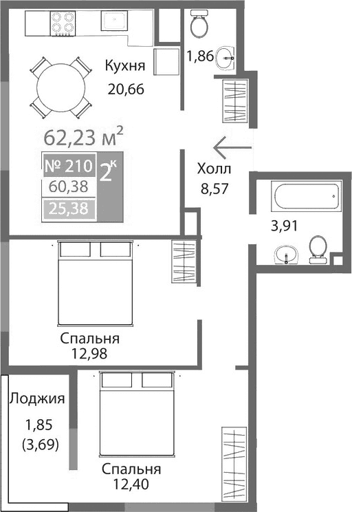 2-комн., 60.38 м²