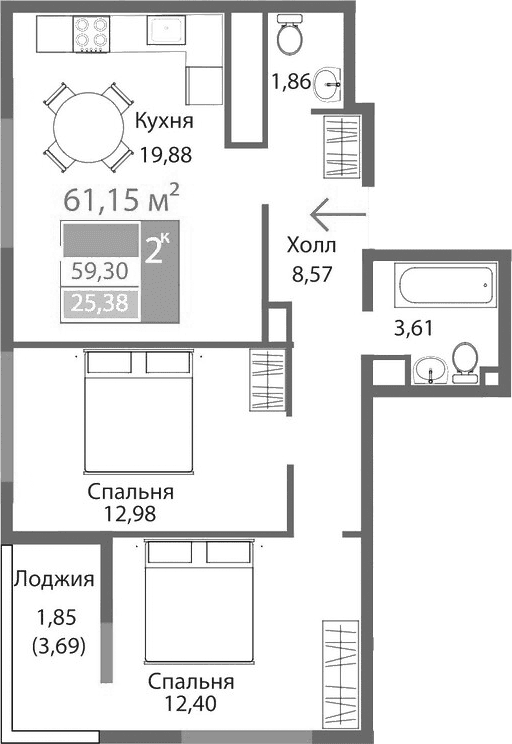 2-комн., 59.3 м²