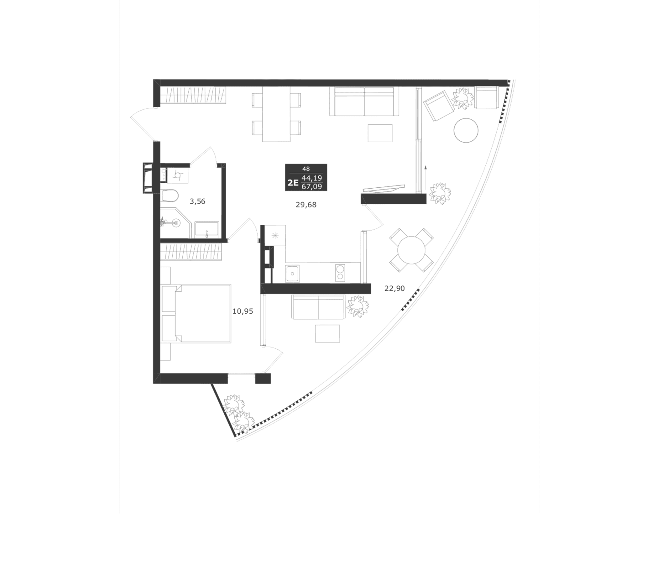 Студия, 44.19 м²