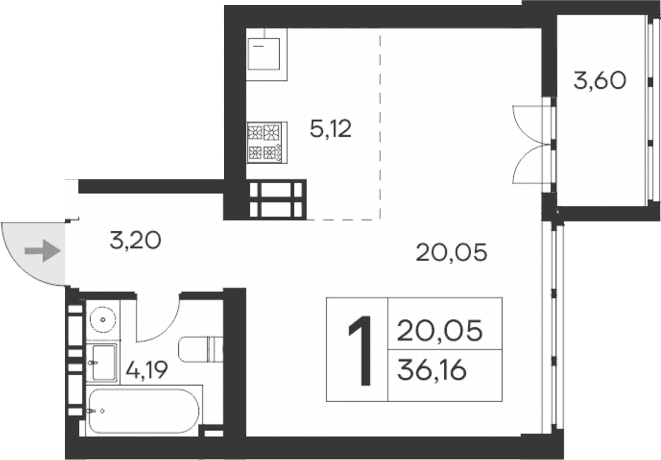 Студия, 32.56 м²