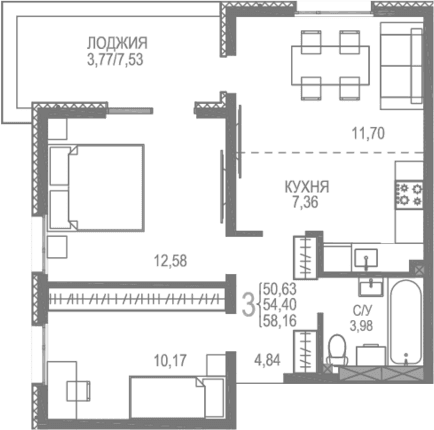 3-комн., 54.39 м²