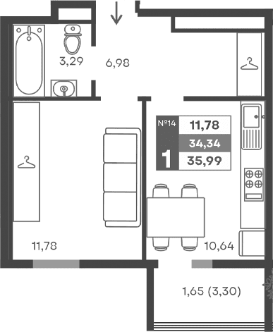 1-комн., 32.69 м²