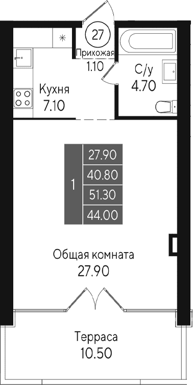Студия, 40.8 м²