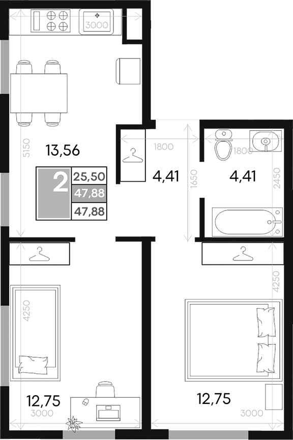 2-комн., 47.88 м²