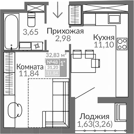 1-комн., 29.57 м²