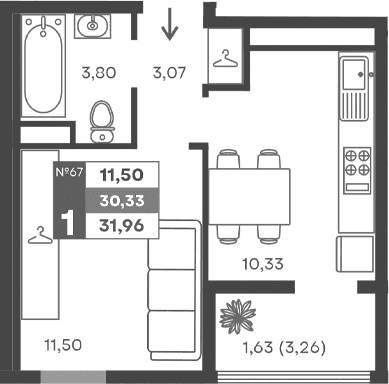 1-комн., 28.7 м²