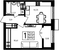 1-комн., 34.61 м²