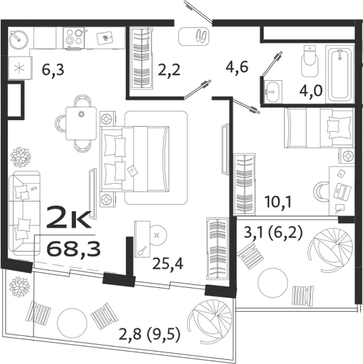 1-комн., 52.6 м²