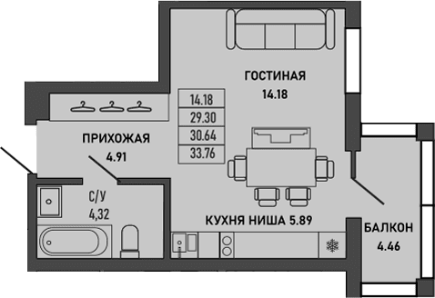 Студия, 29.3 м²