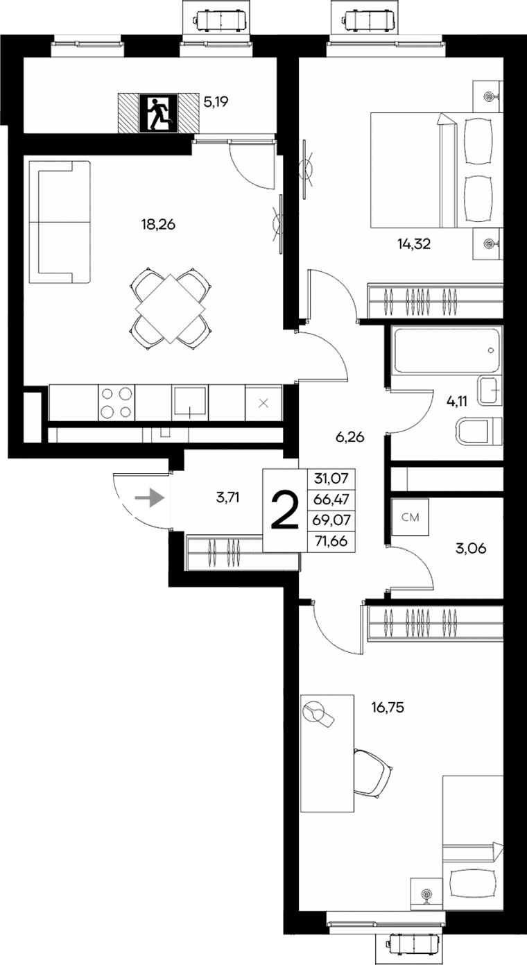 2-комн., 66.47 м²