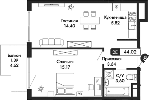 2-комн., 42.63 м²