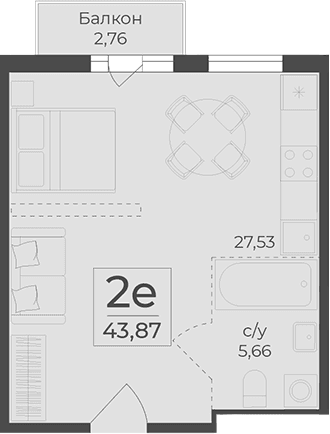 Студия, 43.06 м²