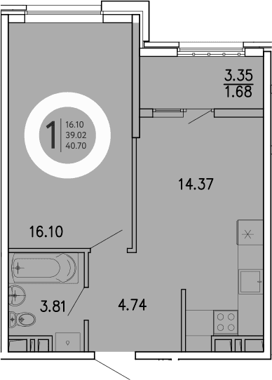 1-комн., 39.02 м²