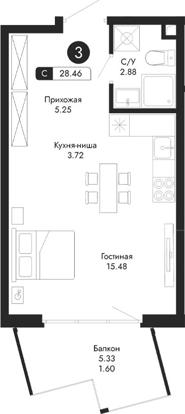 Студия, 26.86 м²