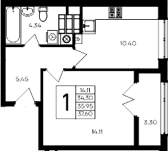 1-комн., 34.3 м²