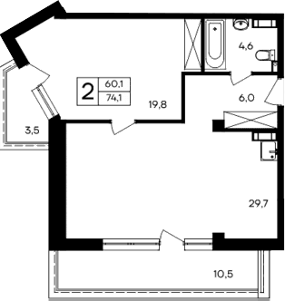 1-комн., 60.1 м²