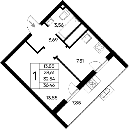 1-комн., 28.61 м²