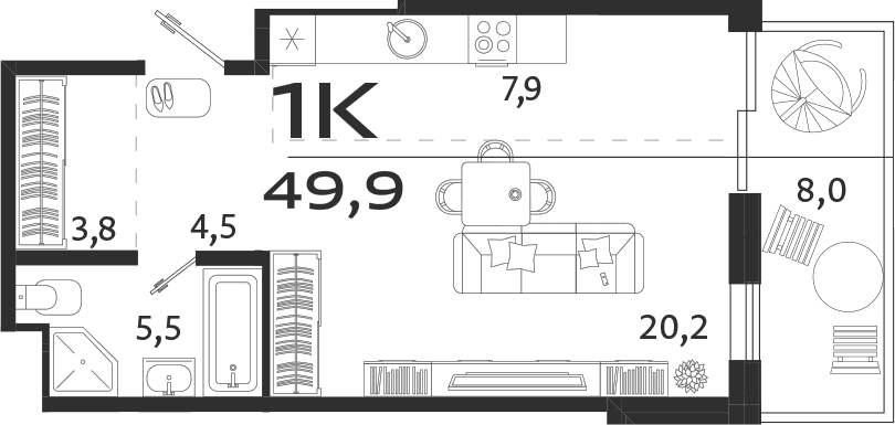 Студия, 41.9 м²