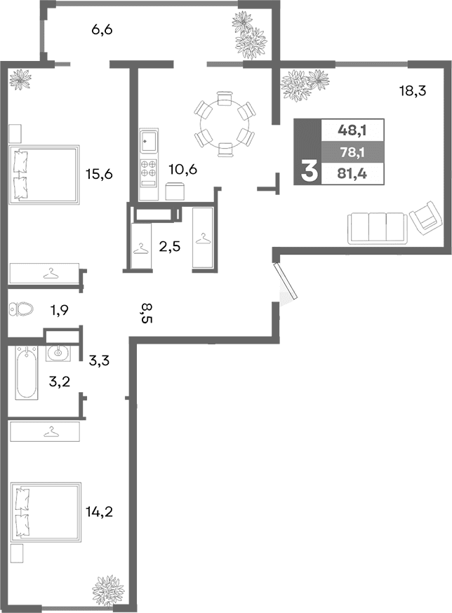 3-комн., 78.1 м²