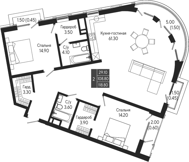 2-комн., 108.8 м²