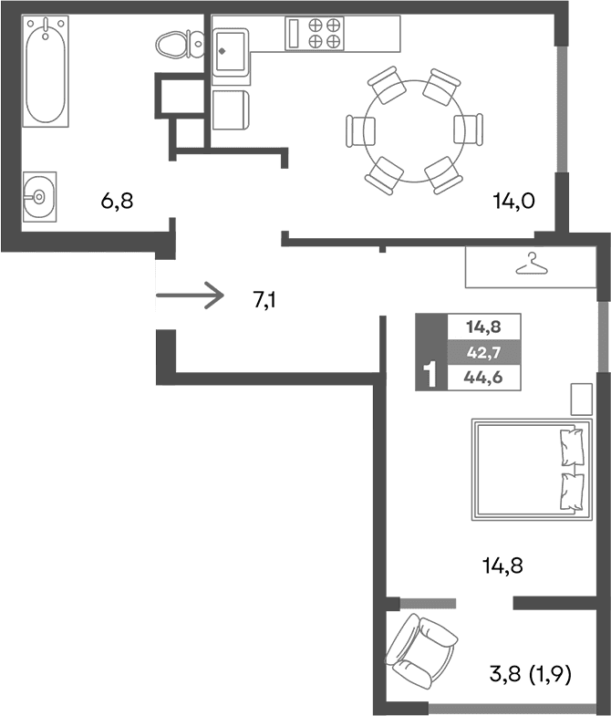 1-комн., 42.7 м²