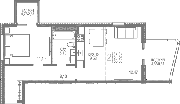 2-комн., 52.38 м²
