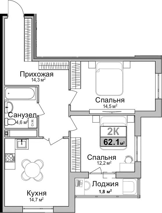 2-комн., 60.3 м²