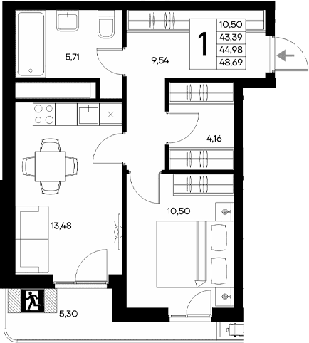 1-комн., 43.39 м²