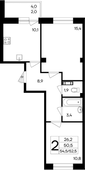2-комн., 52.5 м²