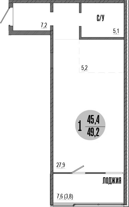 Студия, 45.4 м²