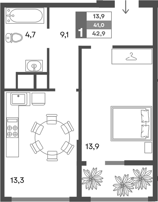 1-комн., 41 м²