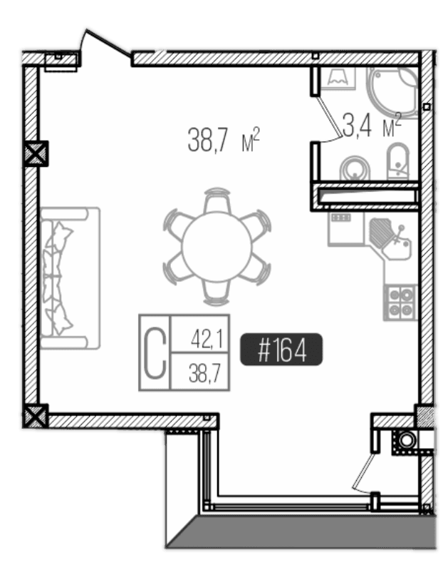 Студия, 42.1 м²