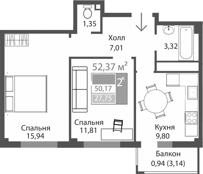 2-комн., 49.23 м²